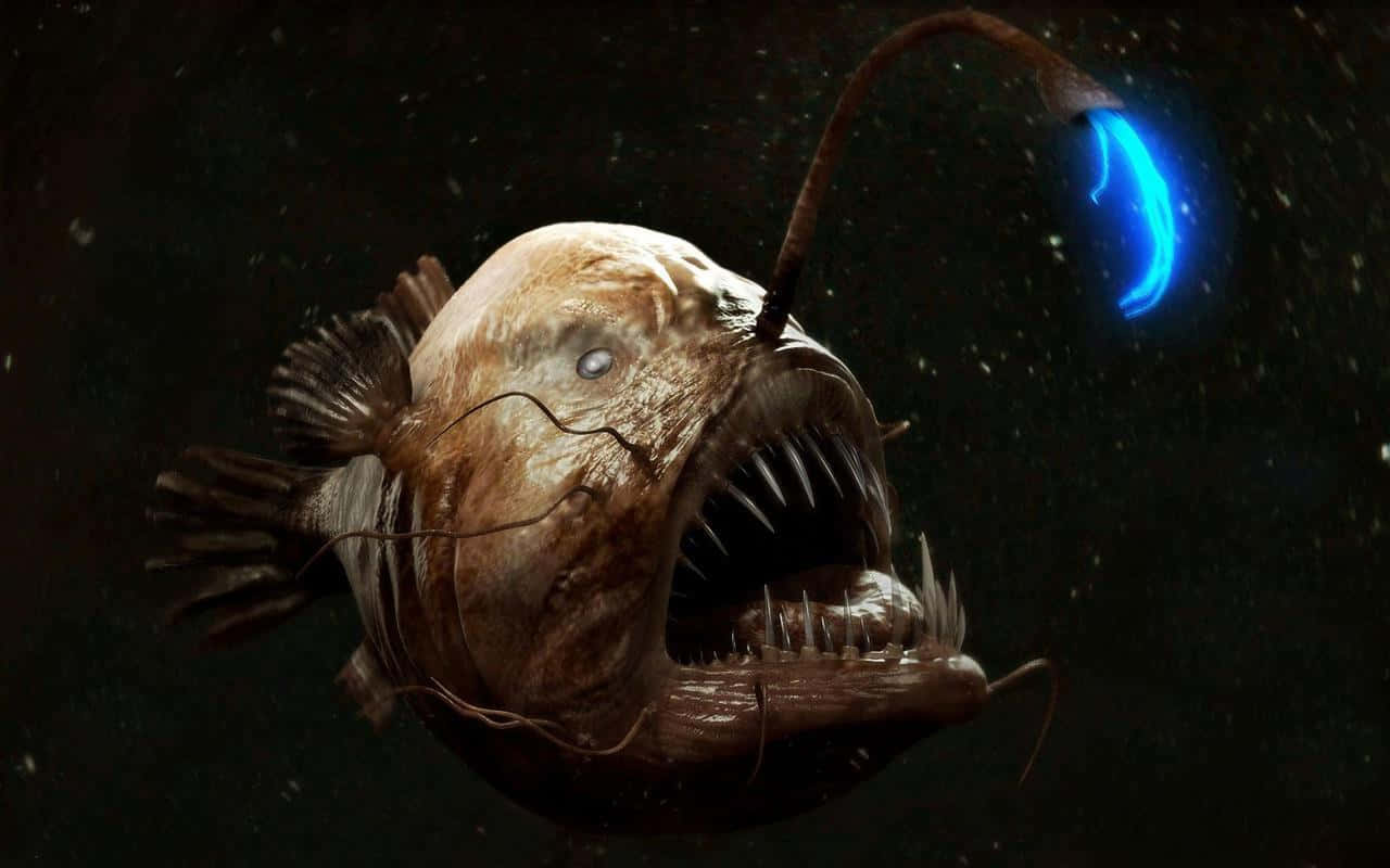 deep sea anglerfish, glowing blue lure, sharp teeth, HD Desktop Wallpaper