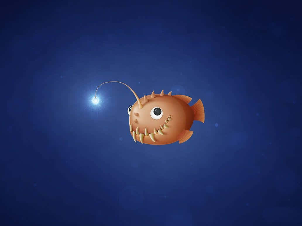 cartoon anglerfish, orange anglerfish, glowing lure, SD Desktop Wallpaper