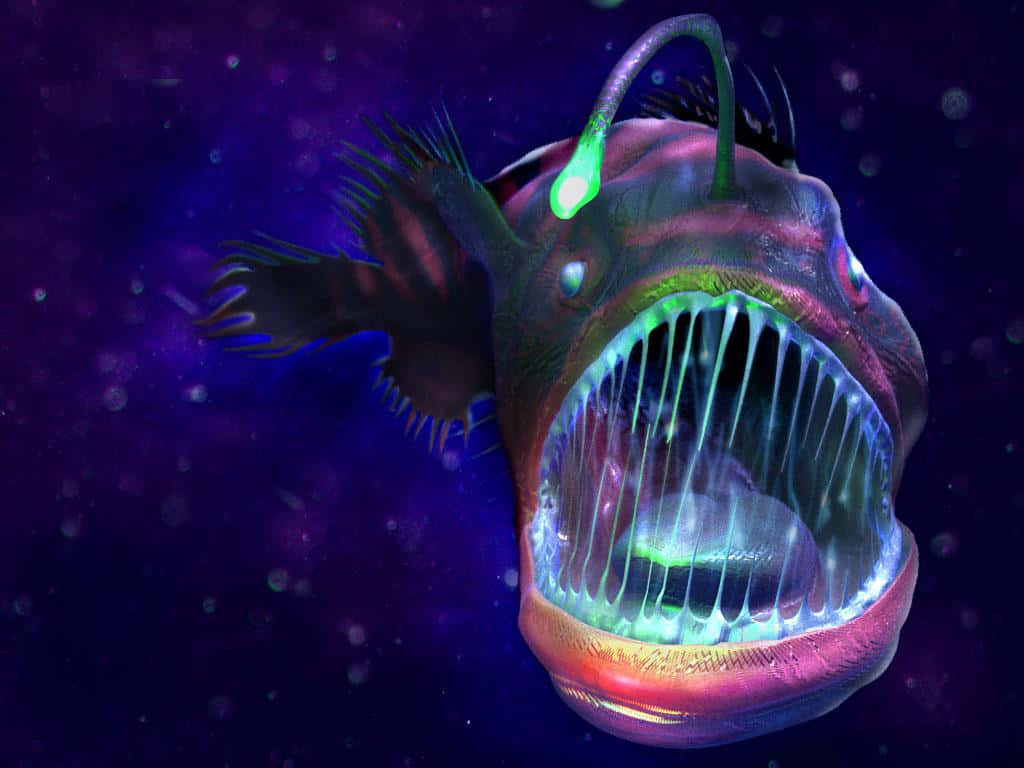 anglerfish, bioluminescent lure, deep purple ocean darkness, SD Desktop Wallpaper