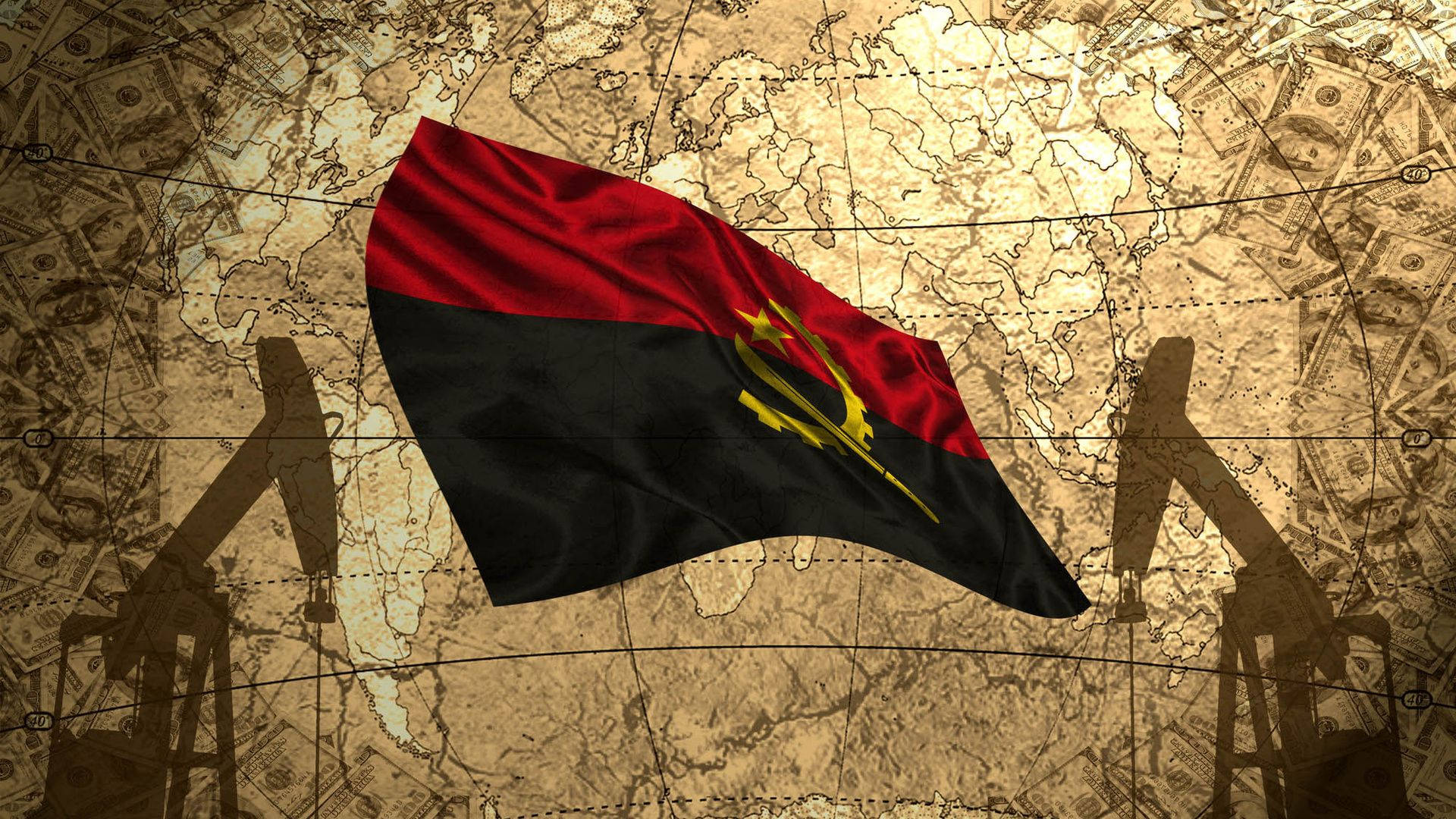 Angola flag, vintage map, oil derricks, Full HD Desktop Wallpaper