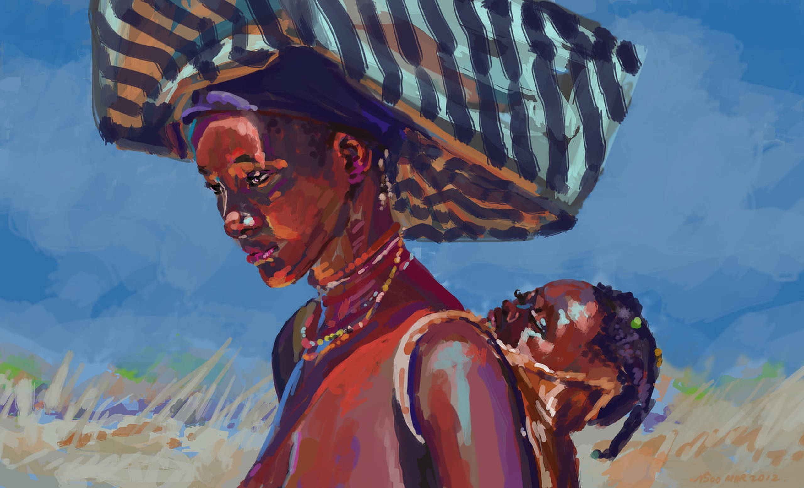 Angola, mother and child, striped hat, 2K Desktop Wallpaper