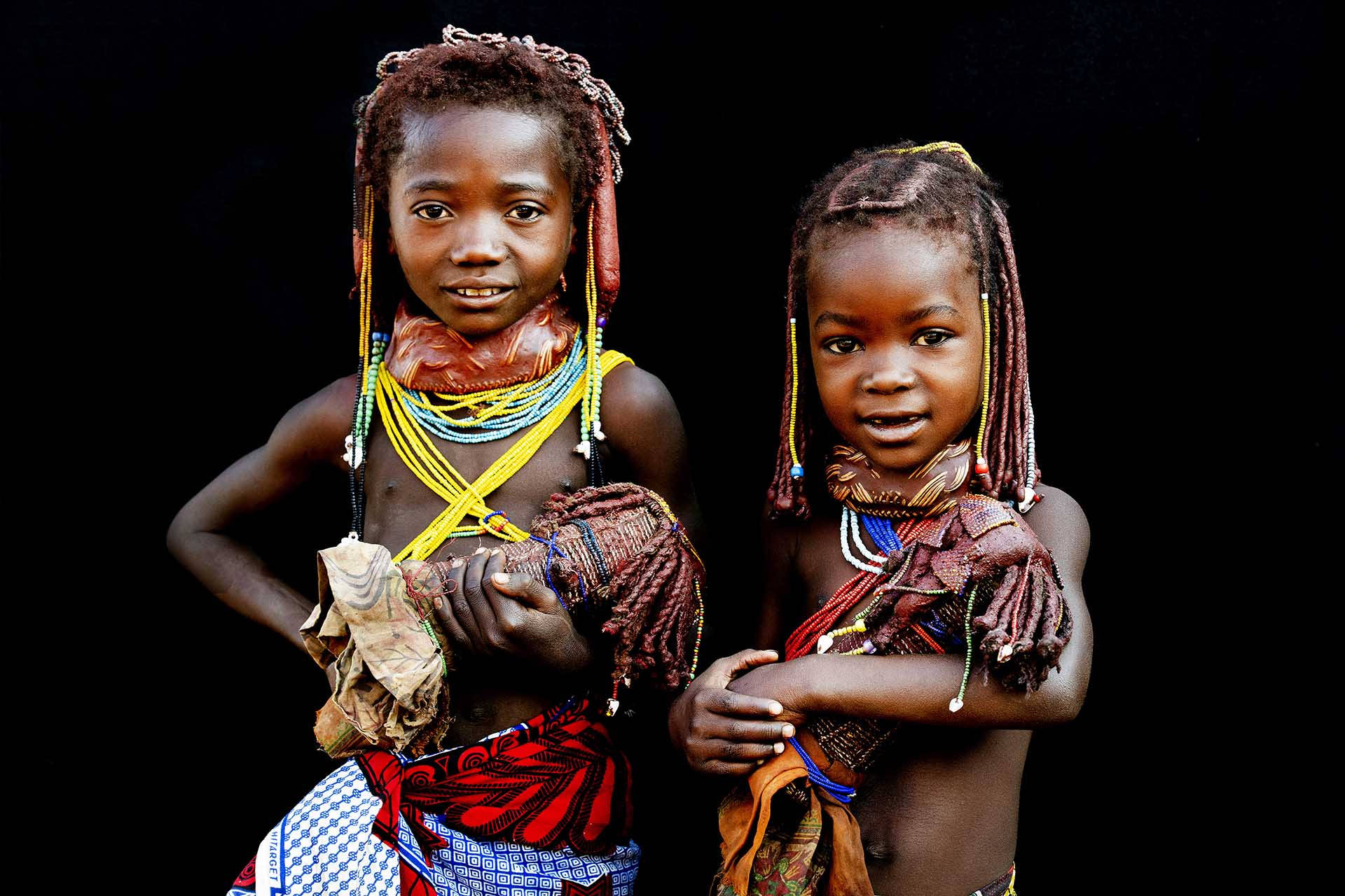 Angola, young tribe girls, vibrant traditional attire, Full HD Desktop Wallpaper