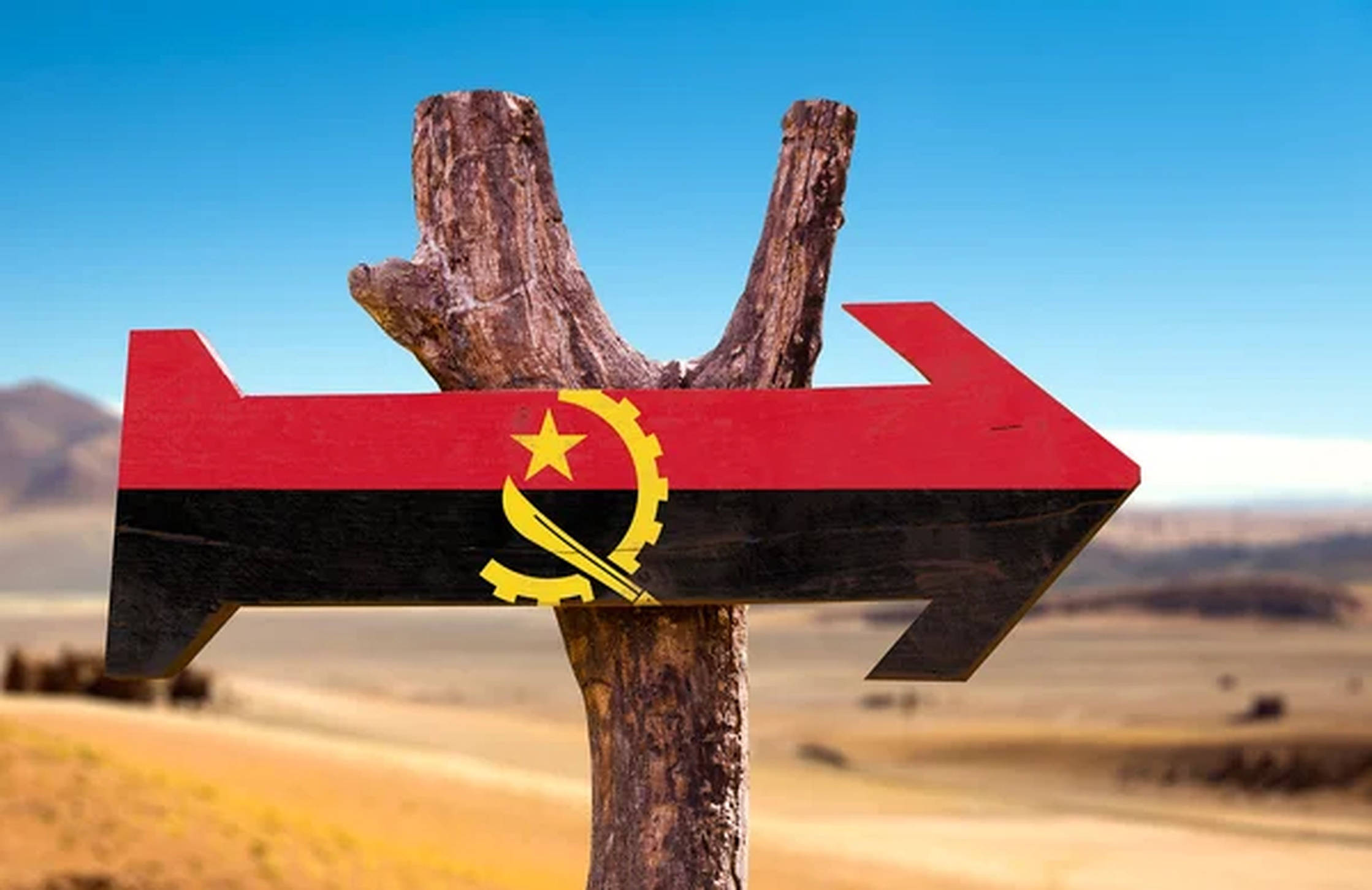 Angola flag, wooden arrow sign, clear blue sky, Full HD Desktop Wallpaper