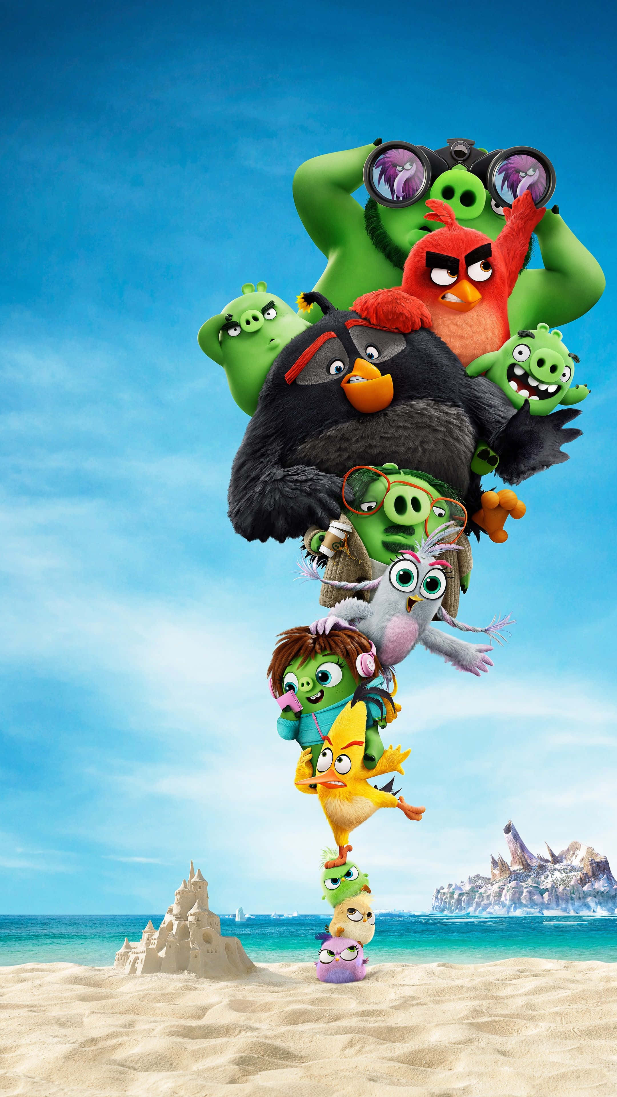 Angry Birds characters, beach, sandcastle, 4K Phone Wallpaper