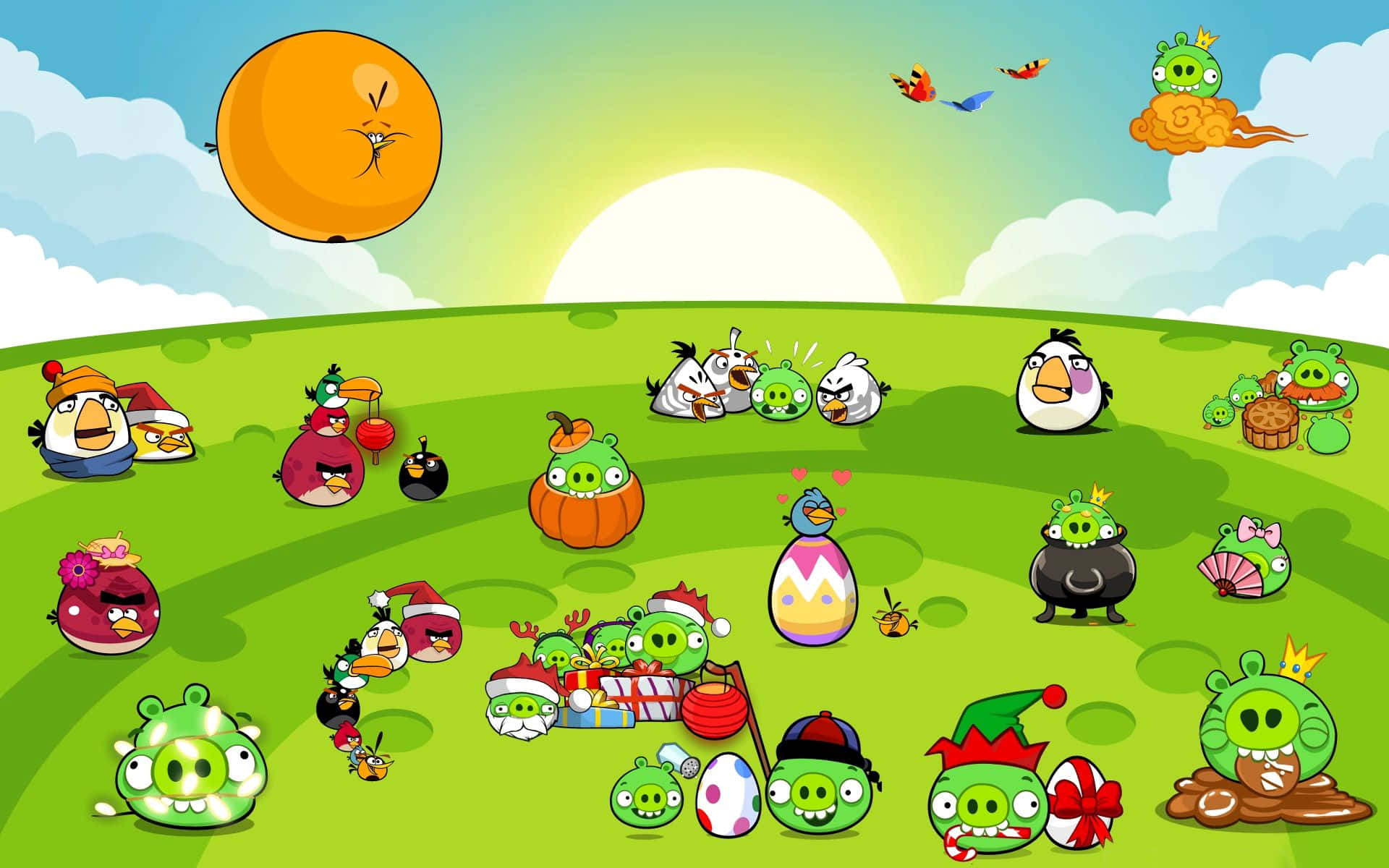 Angry Birds, festive holiday costumes, bright green hill, Full HD Desktop Wallpaper