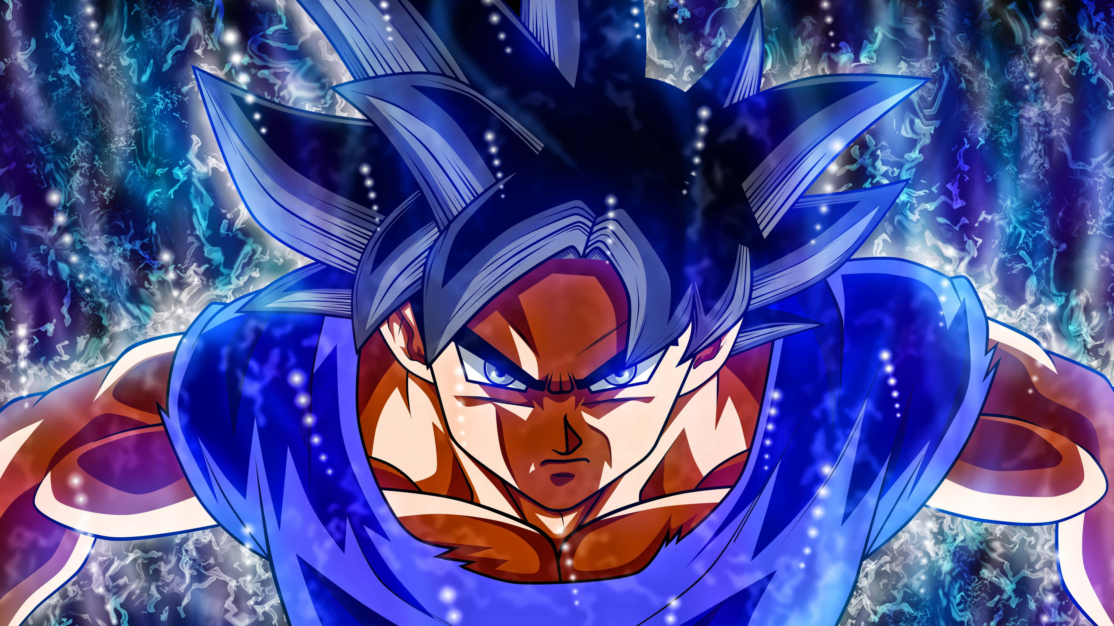 Angry Goku, spiky blue hair, glowing eyes, 4K Desktop Wallpaper