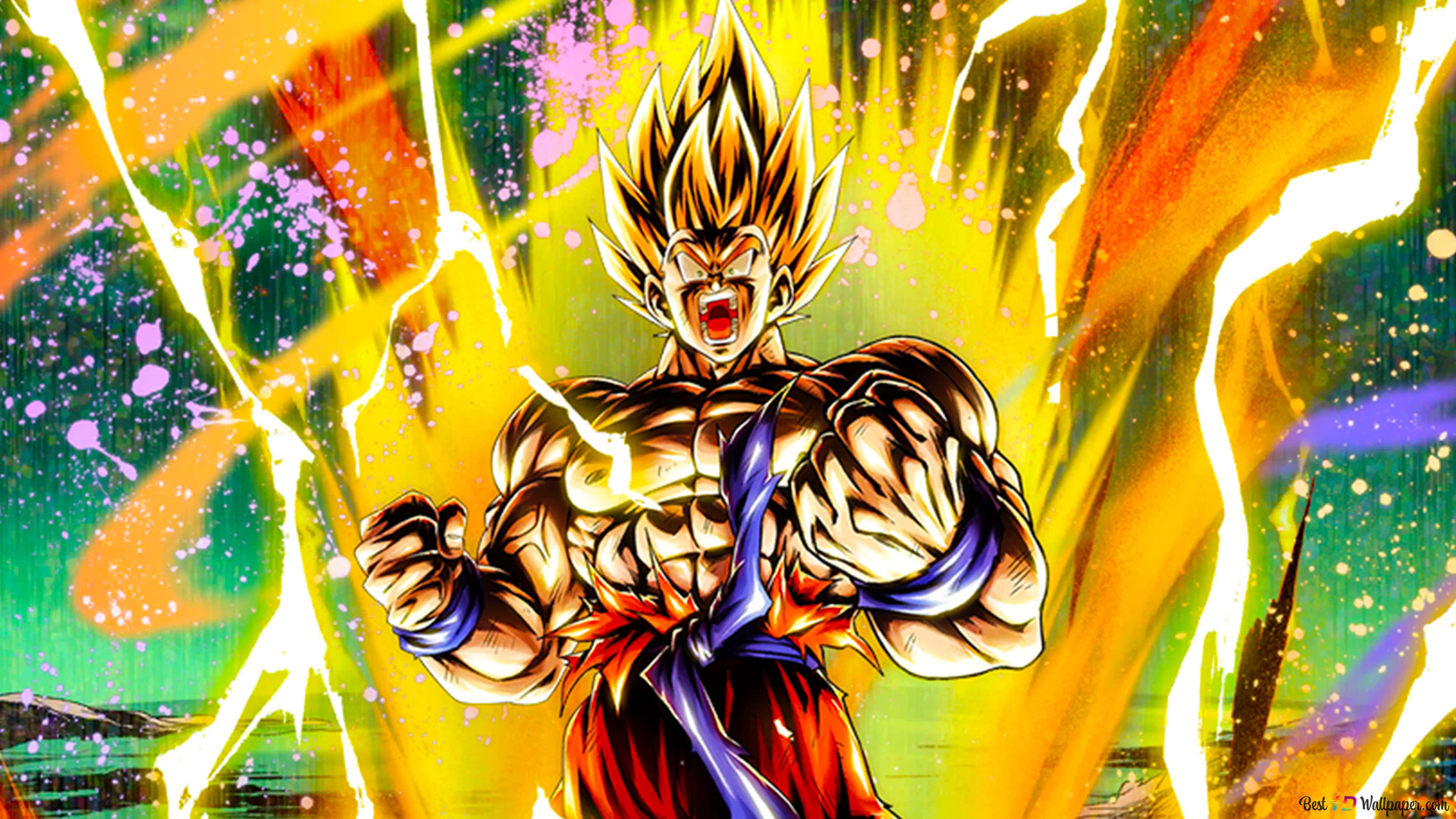 Angry Goku, golden hair, yellow orange energy, 4K Desktop Wallpaper