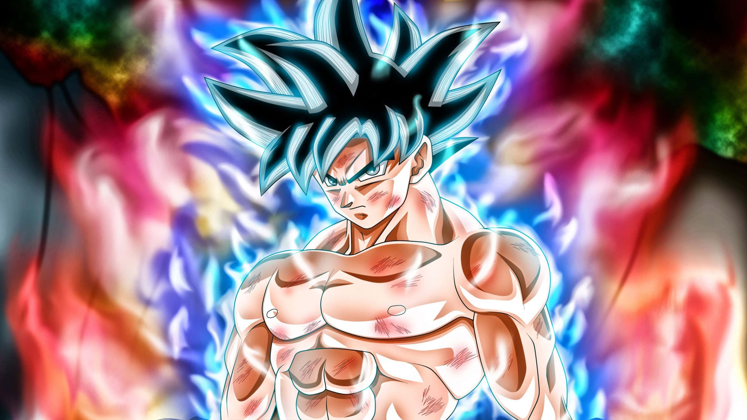 Goku, spiky blue hair, intense blue energy, 2K Desktop Wallpaper