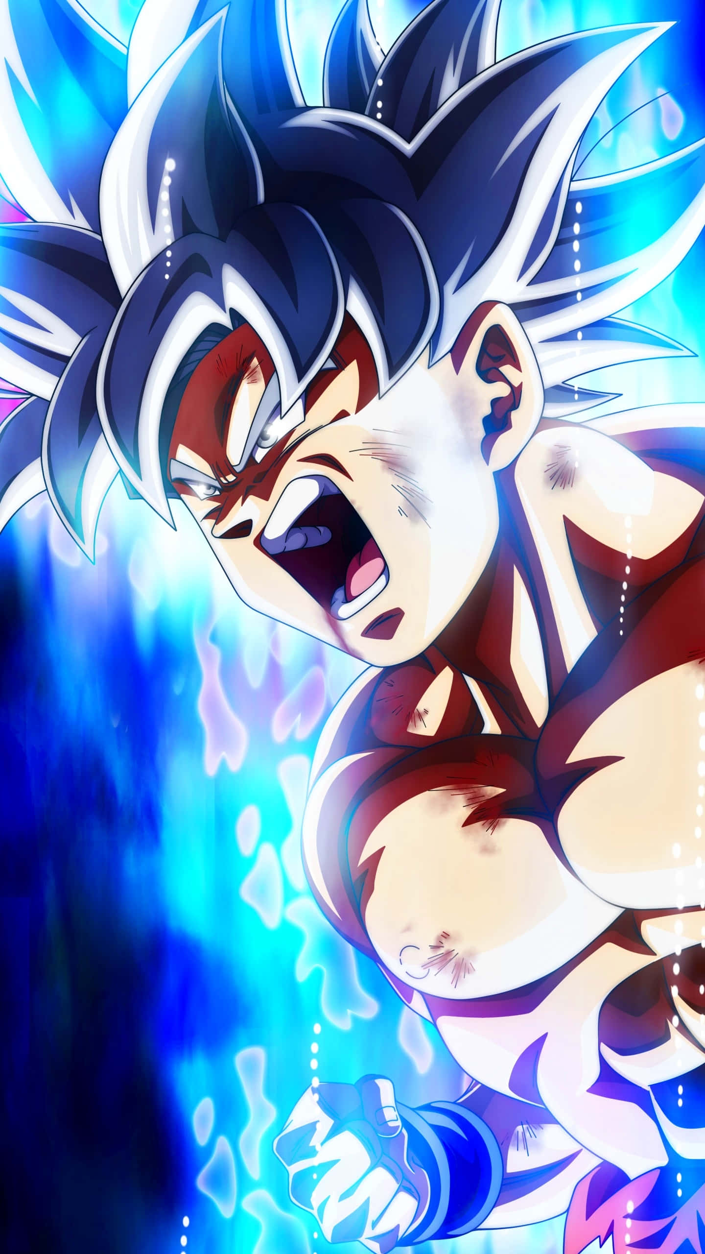 Angry Goku, spiky blue and white hair, glowing blue energy background, 2K Phone Wallpaper