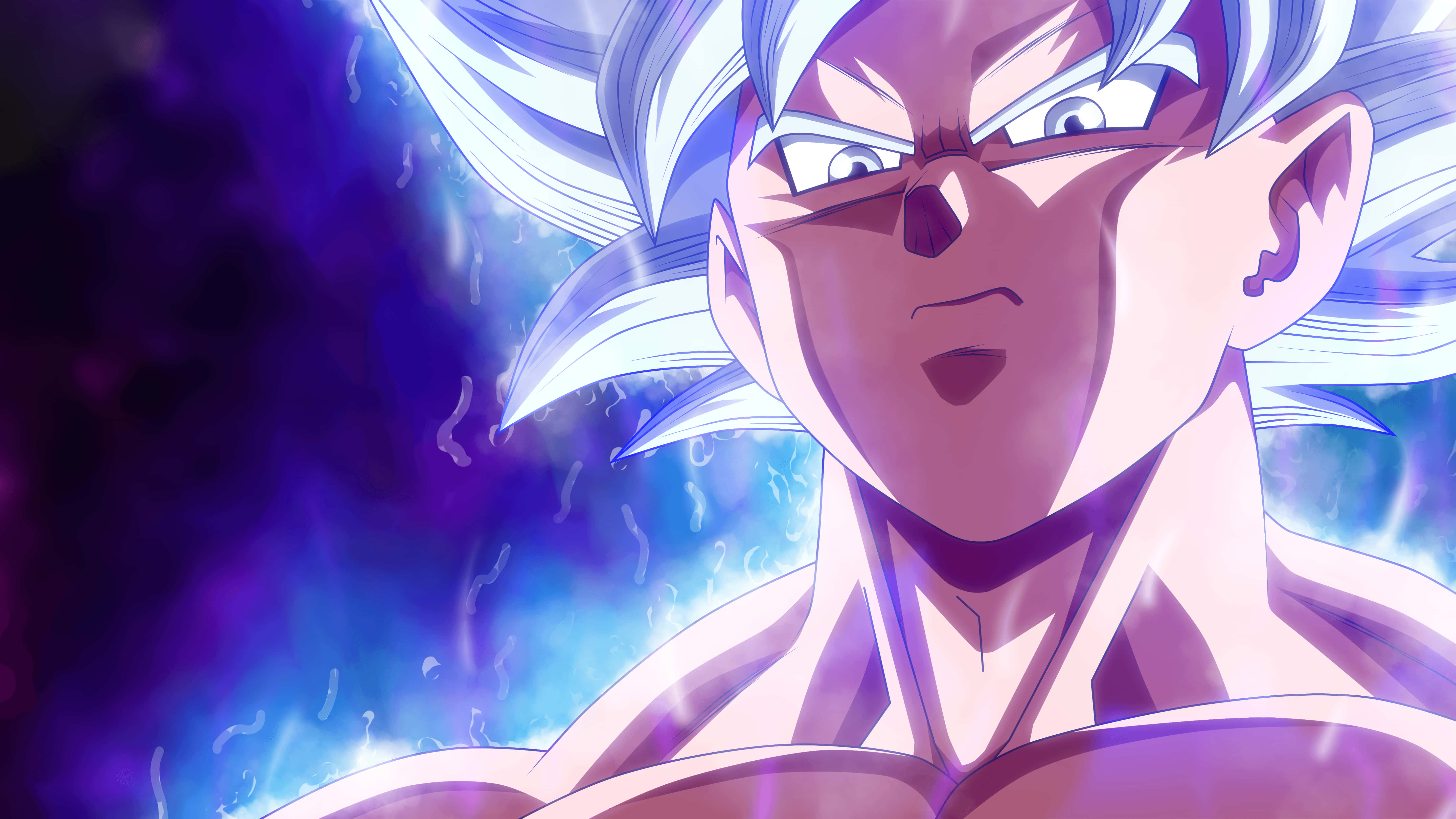 Angry Goku, silver hair, glowing aura, 5K Desktop Wallpaper