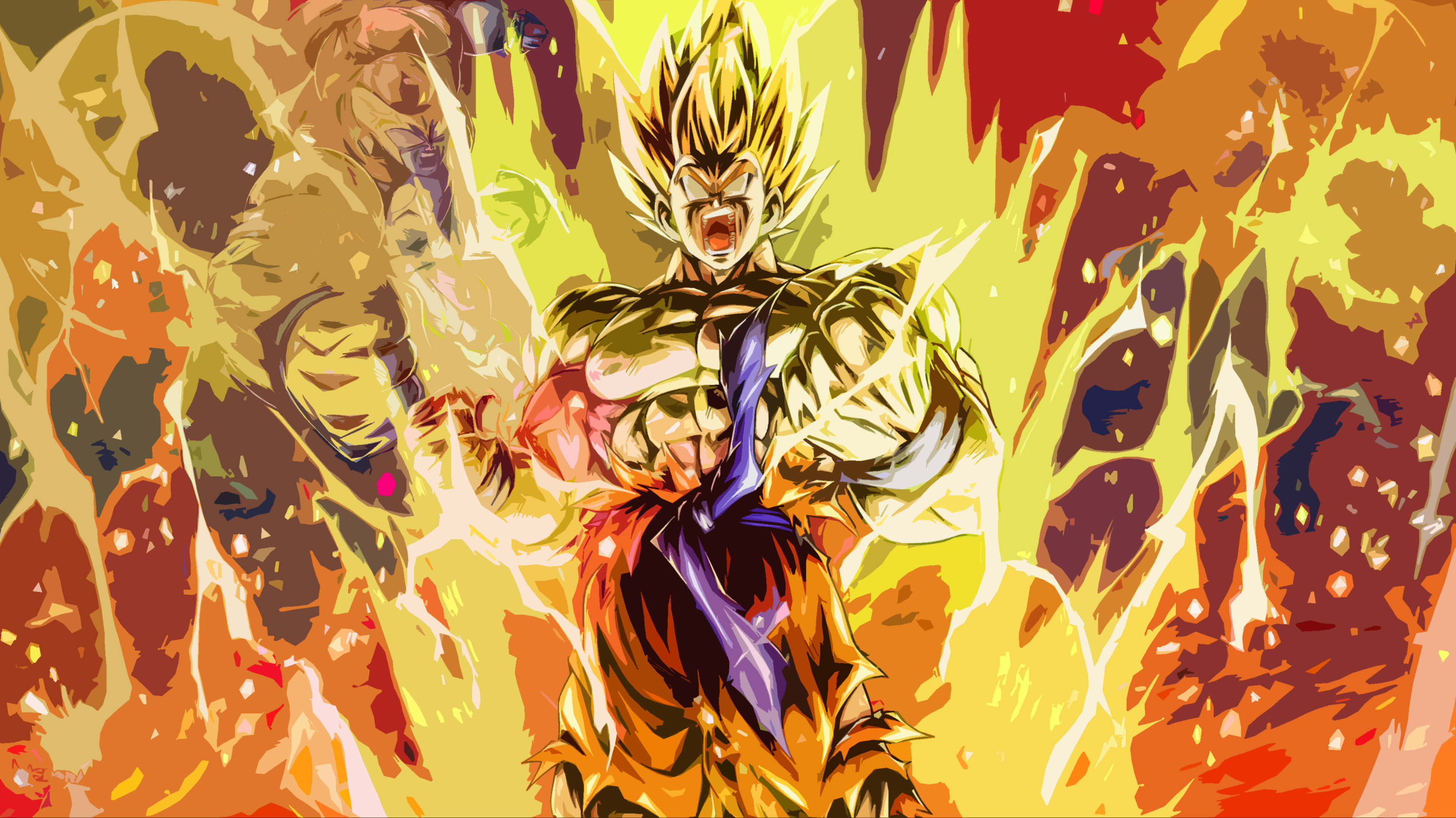 Goku, spiky golden hair, fiery orange and yellow energy explosion, 4K Desktop Wallpaper