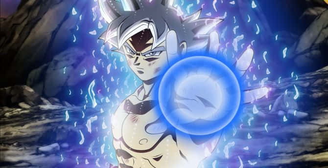 Angry Goku, spiky silver hair, glowing blue energy, SD Desktop Wallpaper