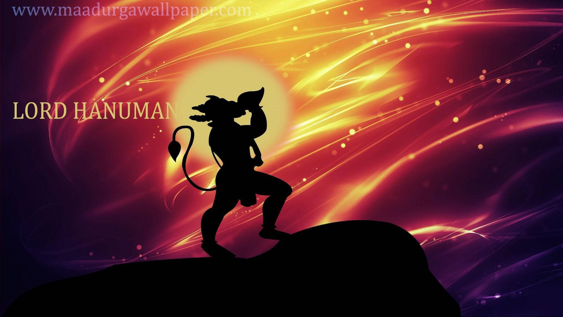 Angry Hanuman, black outline, golden and purple cosmic background, Full HD Desktop Wallpaper