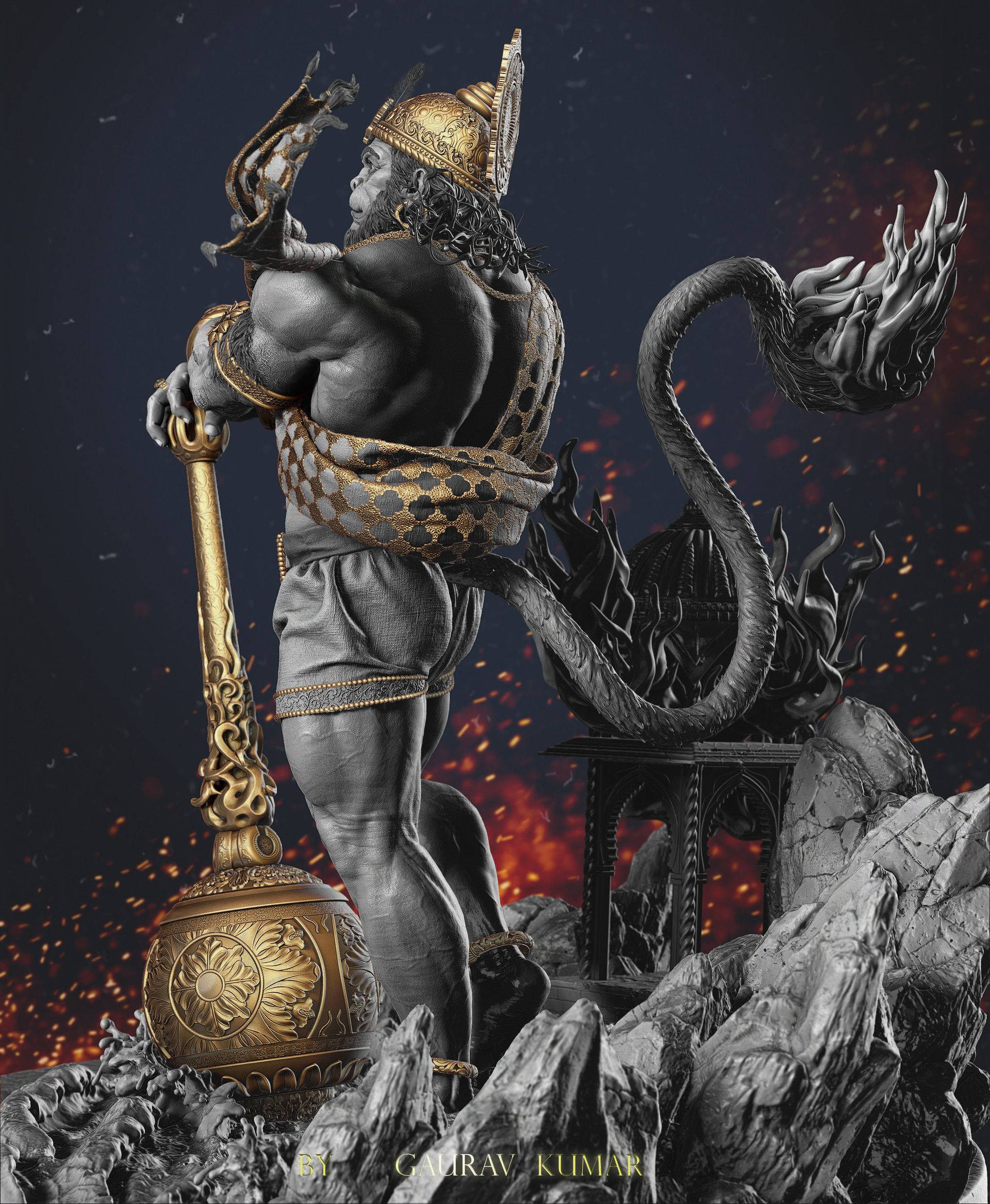 Angry Hanuman, golden armor, flaming tail, Full HD Phone Wallpaper