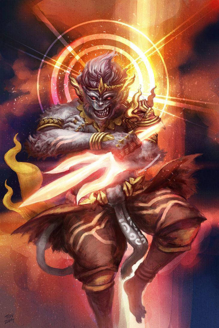Angry Hanuman, burning dagger, glowing eyes, SD Phone Wallpaper