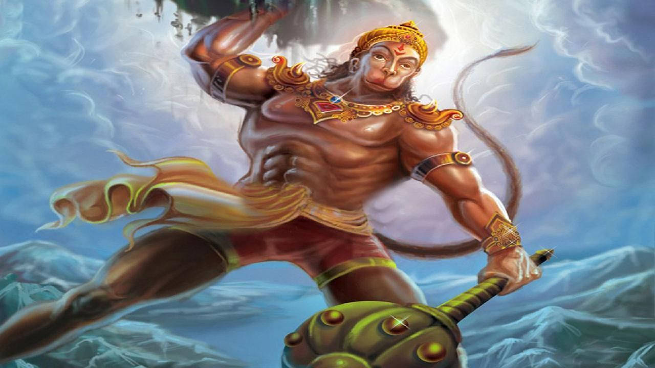 Angry Hanuman, golden armor, spiked mace, HD Desktop Wallpaper