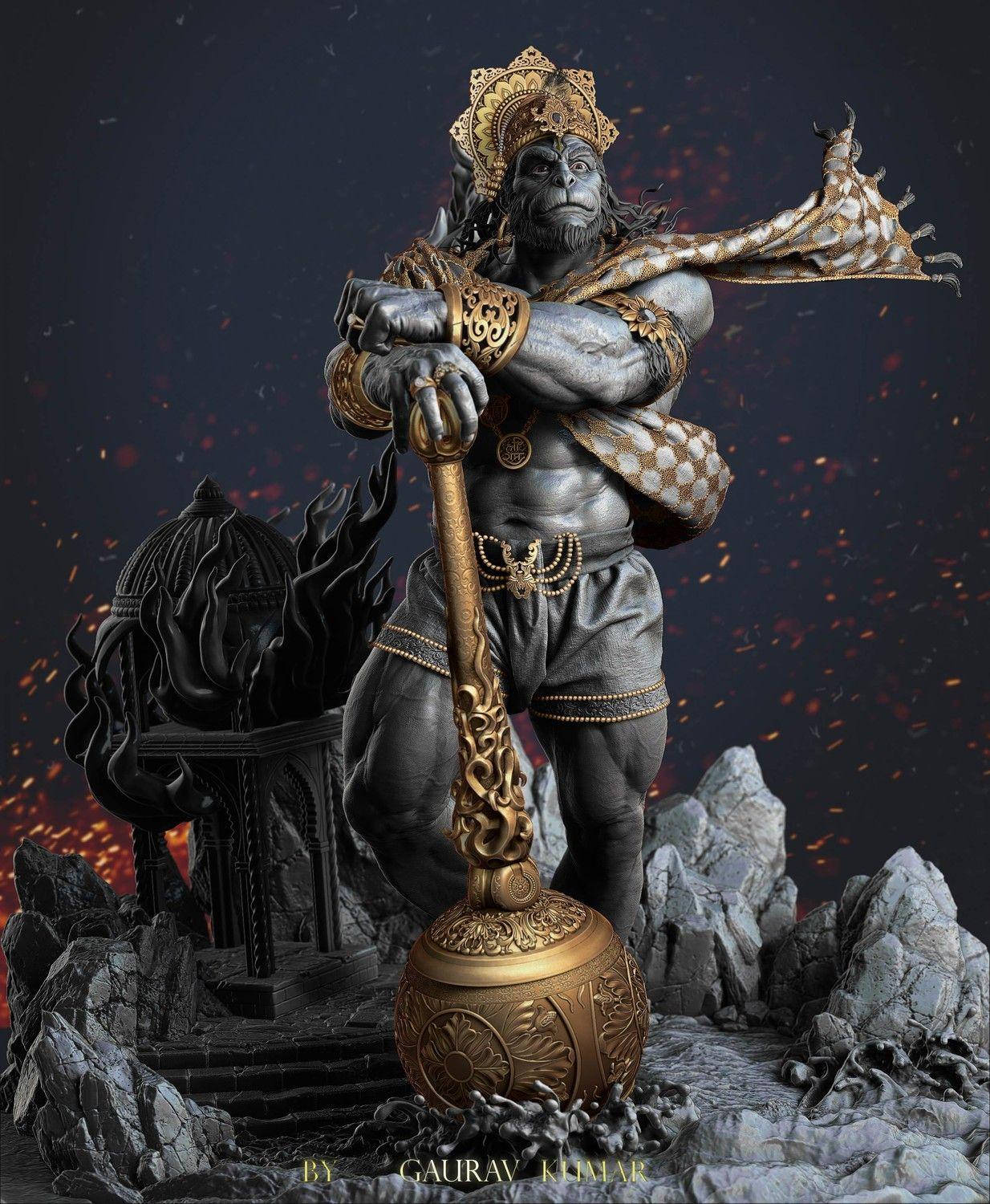 Angry Hanuman, golden crown, mace, HD Phone Wallpaper
