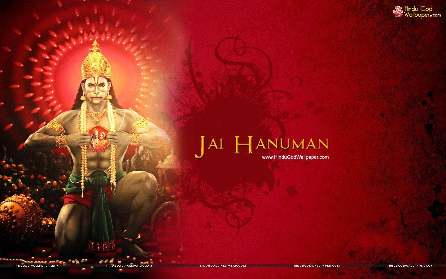 Angry Hanuman, golden-armed, radiant red backdrop, HD Desktop Wallpaper