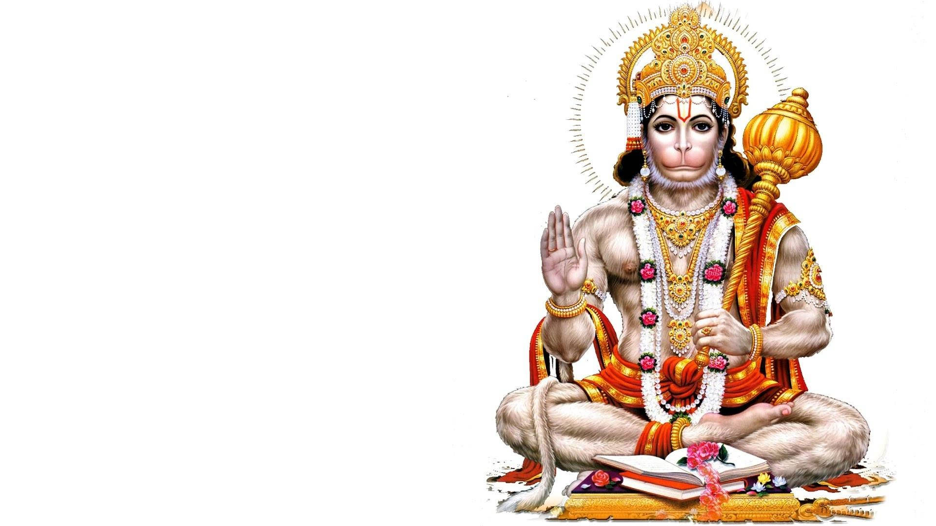 Hanuman, golden crown jewels, red-orange robes, Full HD Desktop Wallpaper