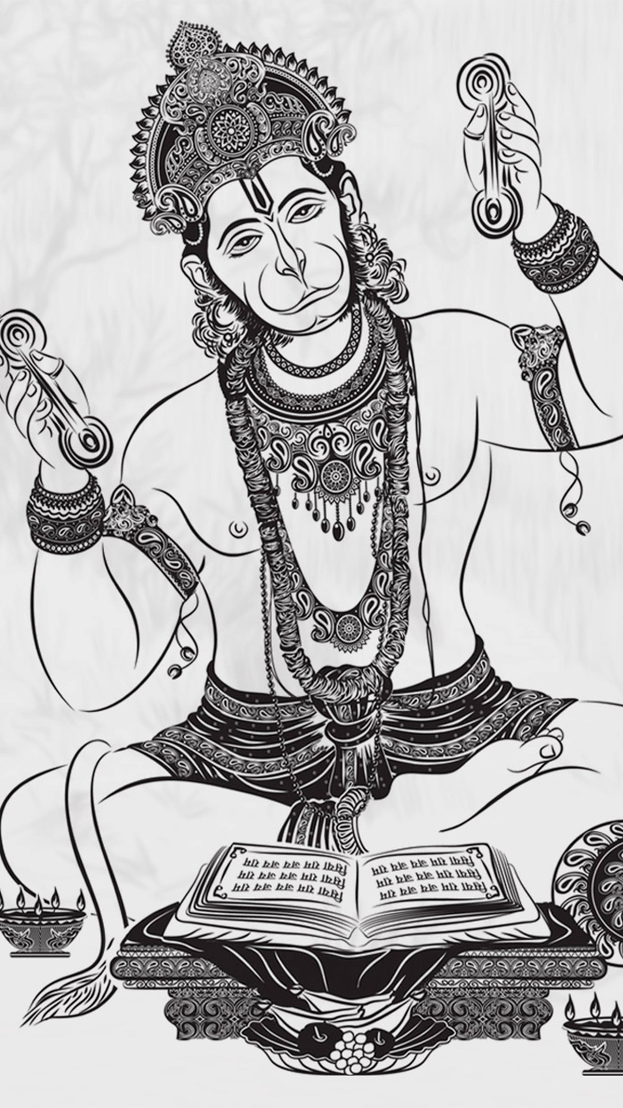 Hanuman, black and white line drawing, ornate crown jewelry, 4K Phone Wallpaper