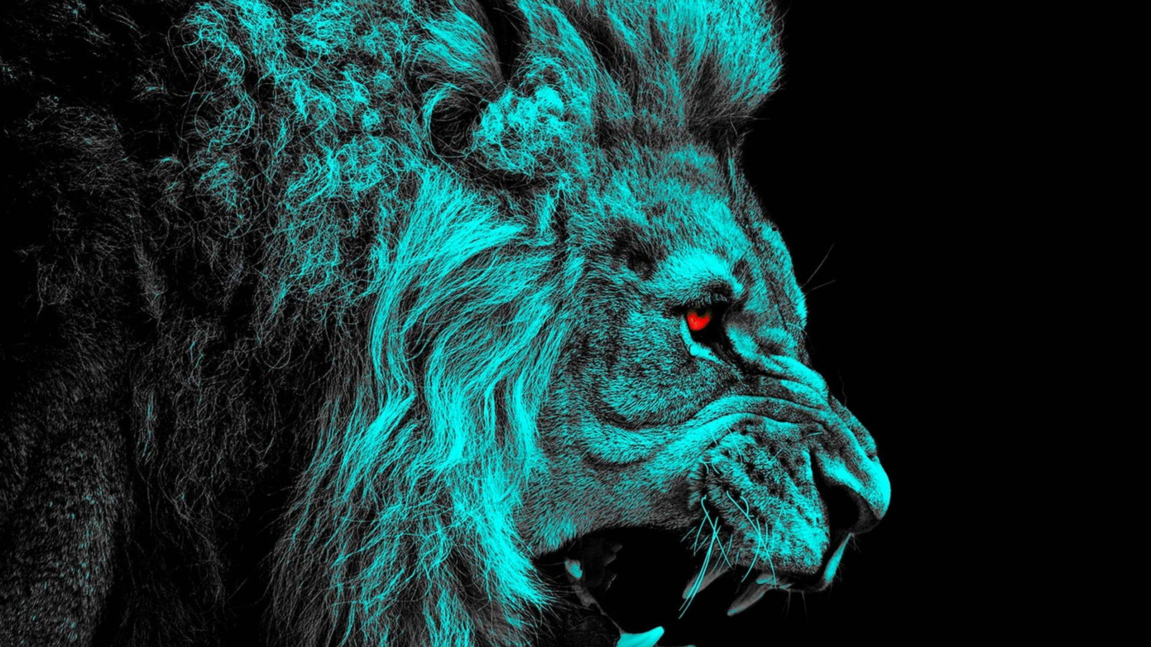 Angry Lion, red eyes, electric teal light, 4K Desktop Wallpaper