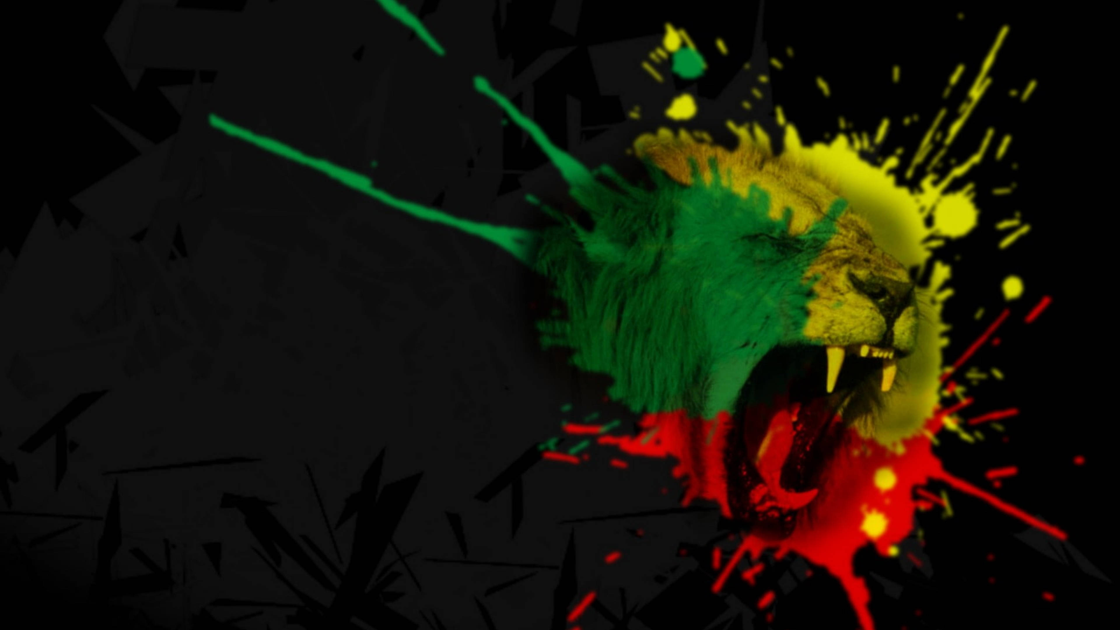 Angry Lion, roaring lion head, vibrant green yellow and red paint splatters, 4K Desktop Wallpaper
