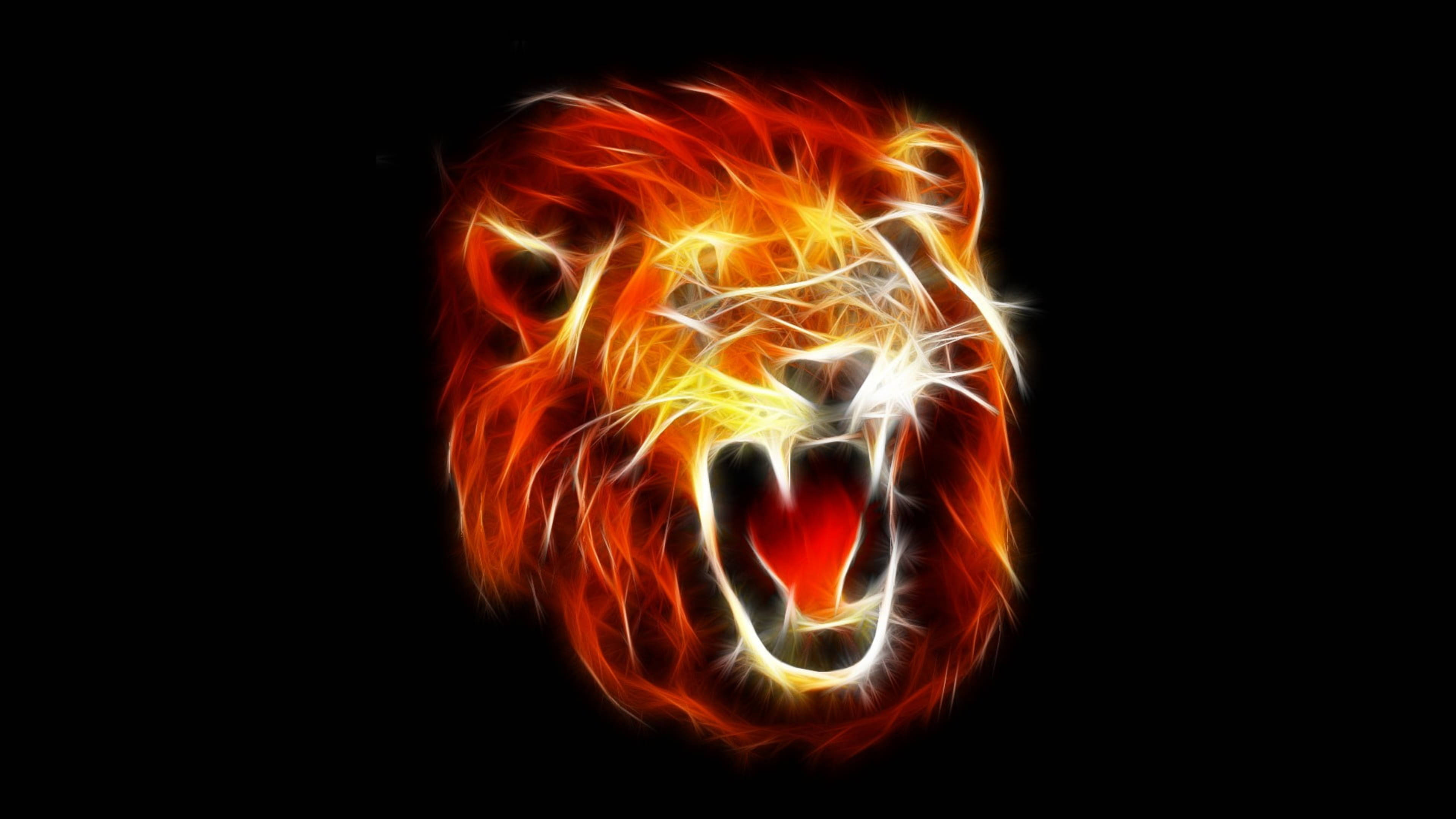 glowing angry lion art, roaring lion's head, vibrant orange and yellow flames, 4K Desktop Wallpaper