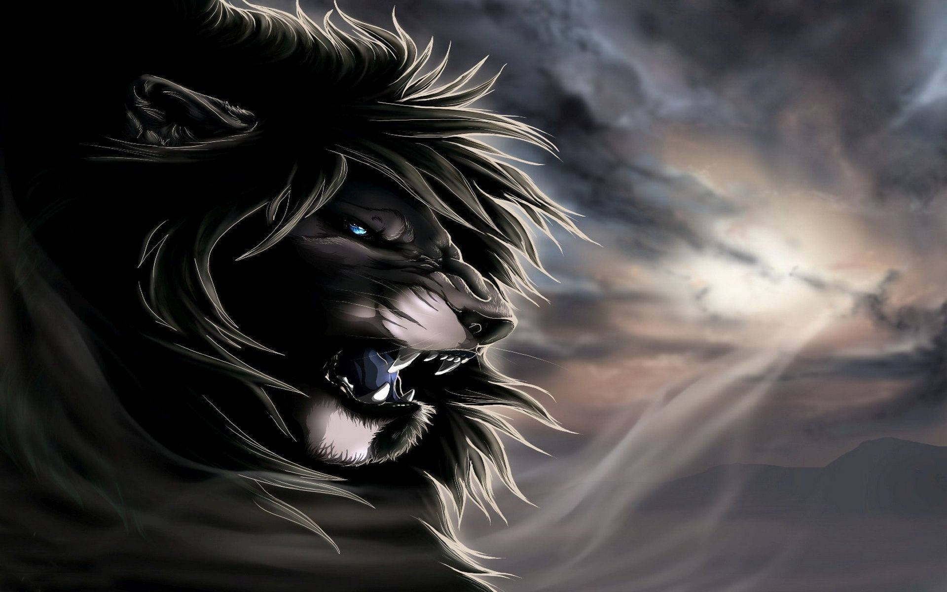 Angry Lion, glowing blue eyes, stormy sky, Full HD Desktop Wallpaper