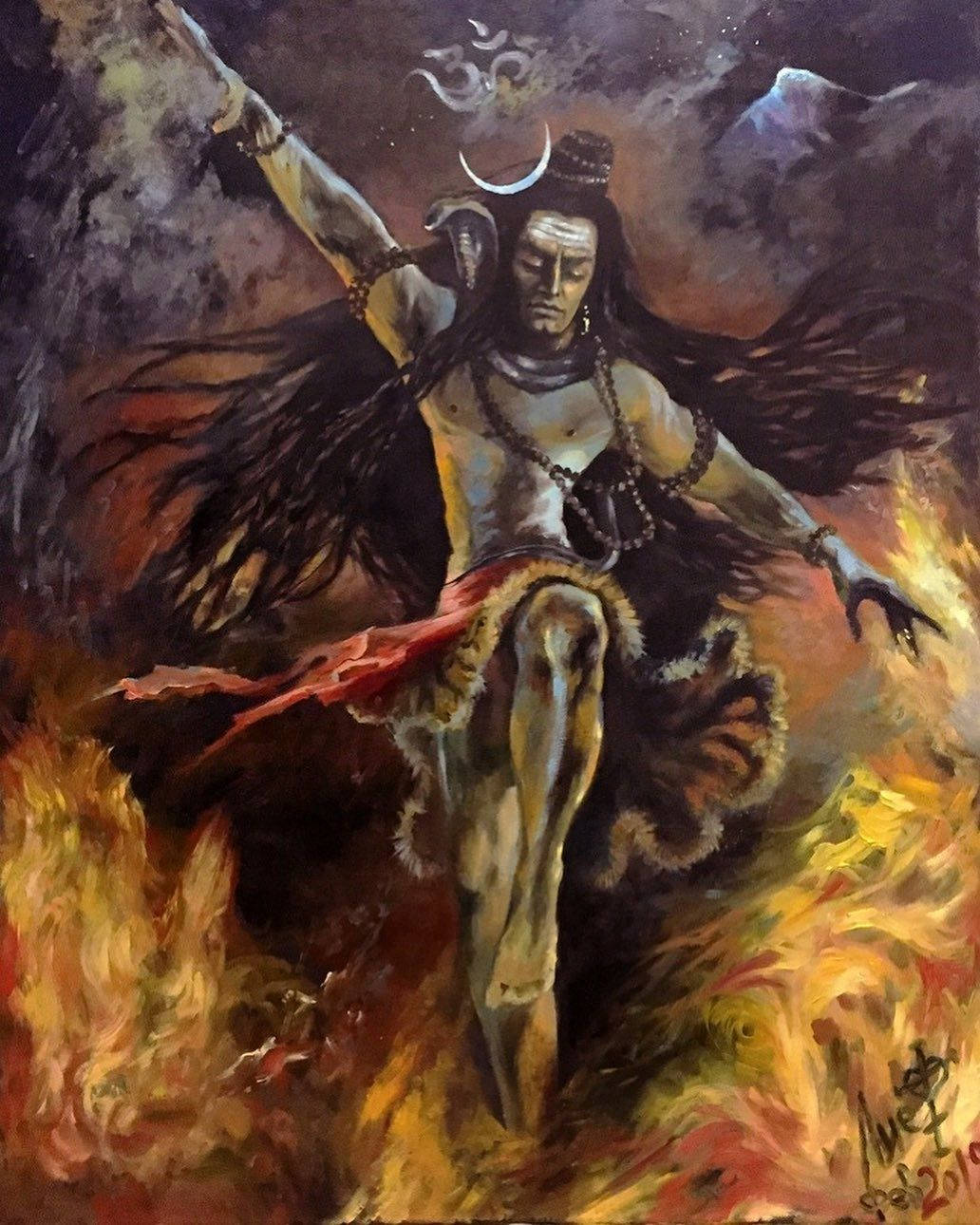 Angry Mahadev, crescent moon crown, swirling flames, HD Phone Wallpaper