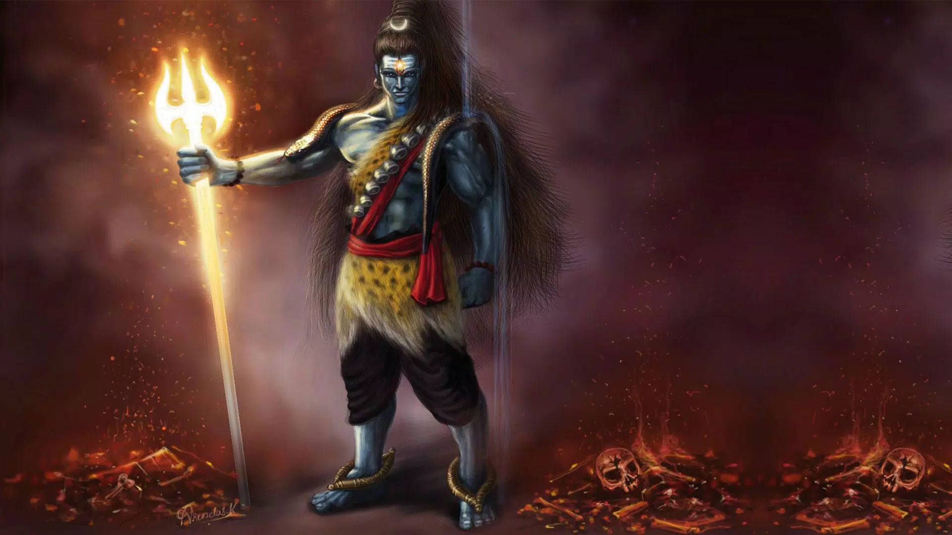 Angry Mahadev HD, flaming trident, blue-skinned Hindu deity, Full HD Desktop Wallpaper
