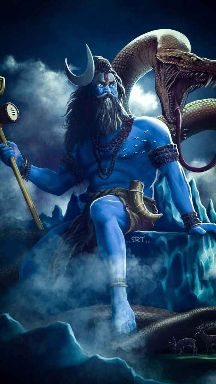 blue-skinned deity, crescent moon crown, serpent coiled around his neck, HD Phone Wallpaper