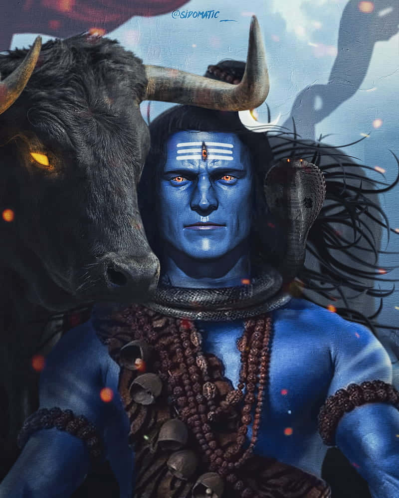 blue-skinned deity, glowing orange eyes, black bull, SD Phone Wallpaper