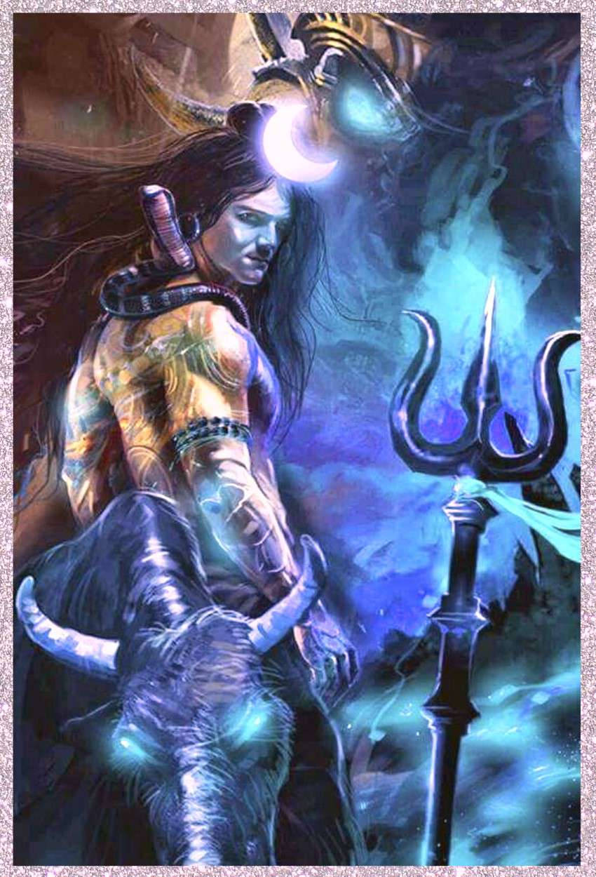 Angry Shiva, crescent moon crown, glowing blue bull, SD Phone Wallpaper