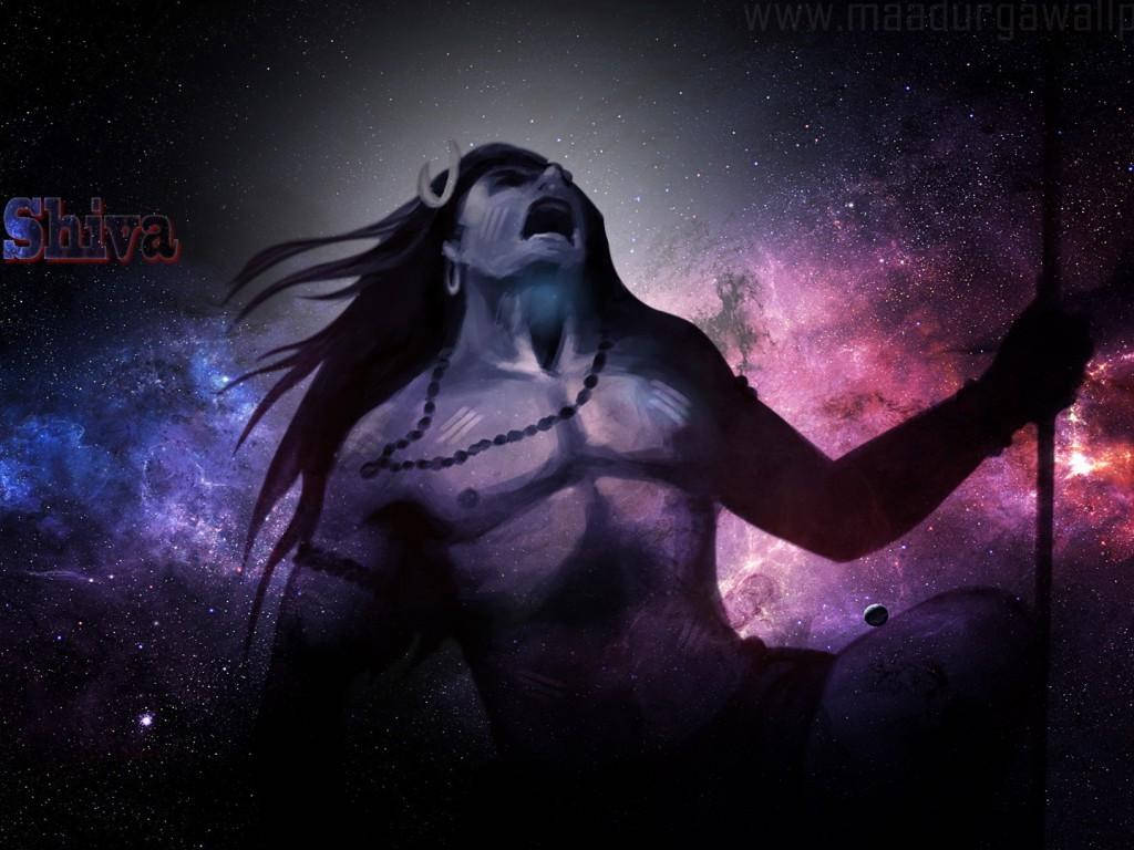 Angry Shiva, blue pink galaxy, crescent moon crown, SD Desktop Wallpaper