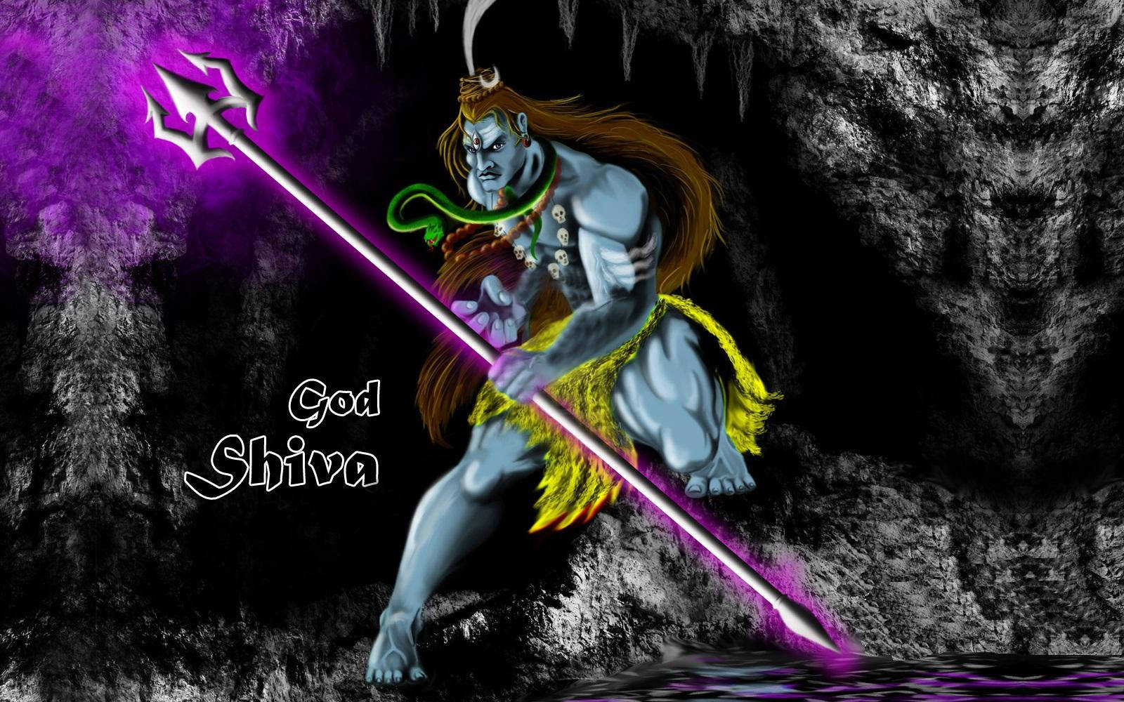 Angry Shiva, dark cave, glowing purple trident, HD Desktop Wallpaper