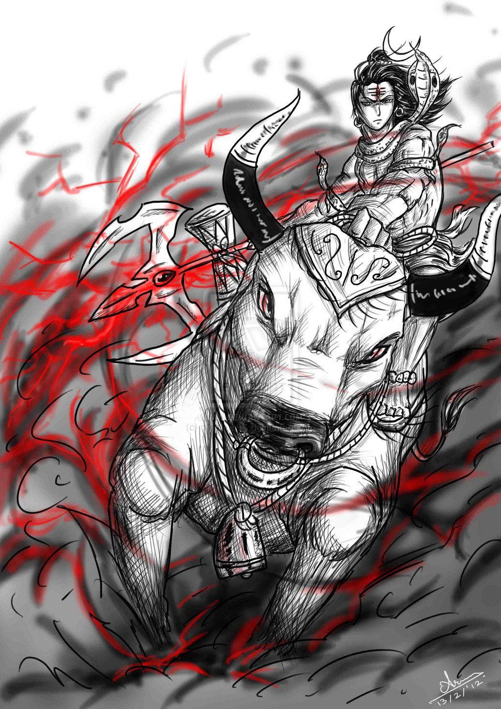 Angry Shiva, red and black, decorated bull, HD Phone Wallpaper