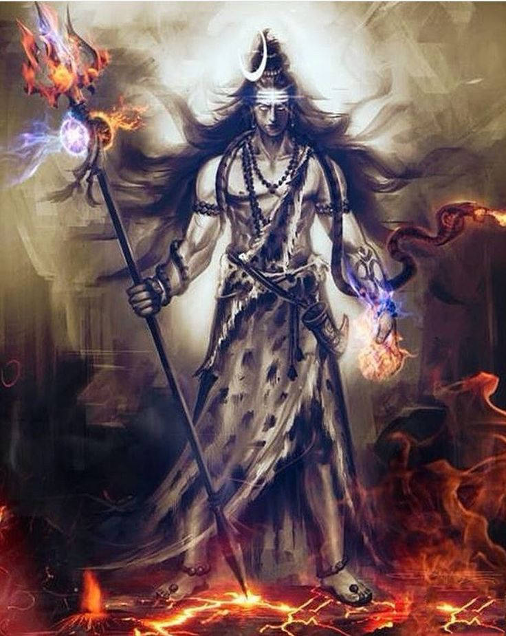 Angry Shiva, crescent moon crown, flaming trident, SD Phone Wallpaper