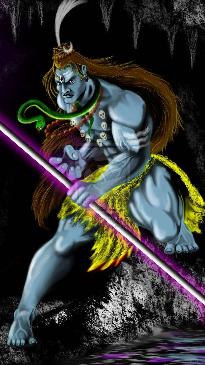 Angry Shiva, green snake, glowing purple trident, HD Phone Wallpaper