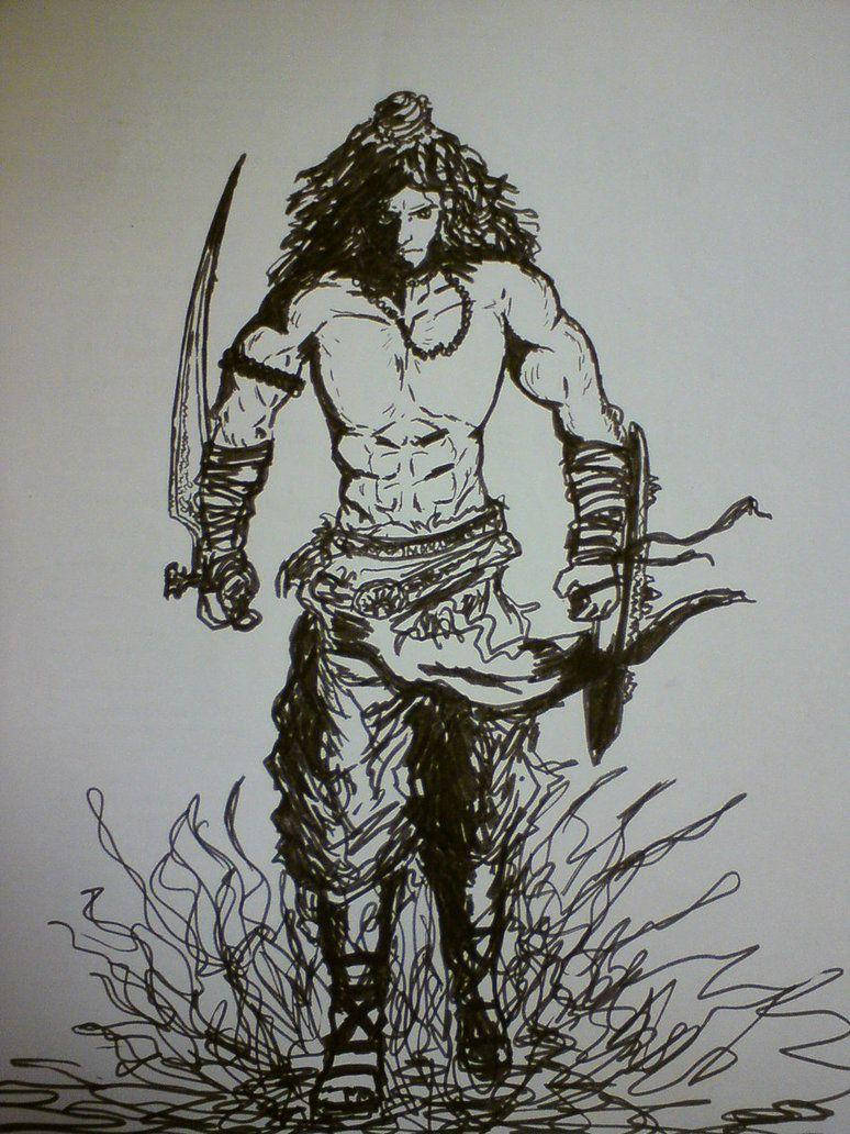 Angry Shiva, black ink sketch, muscular warrior, SD Phone Wallpaper