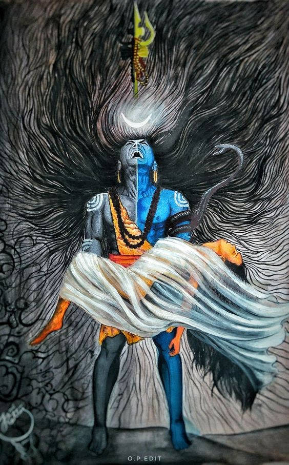 Angry Shiva, blue-skinned deity, flowing white robes, SD Phone Wallpaper