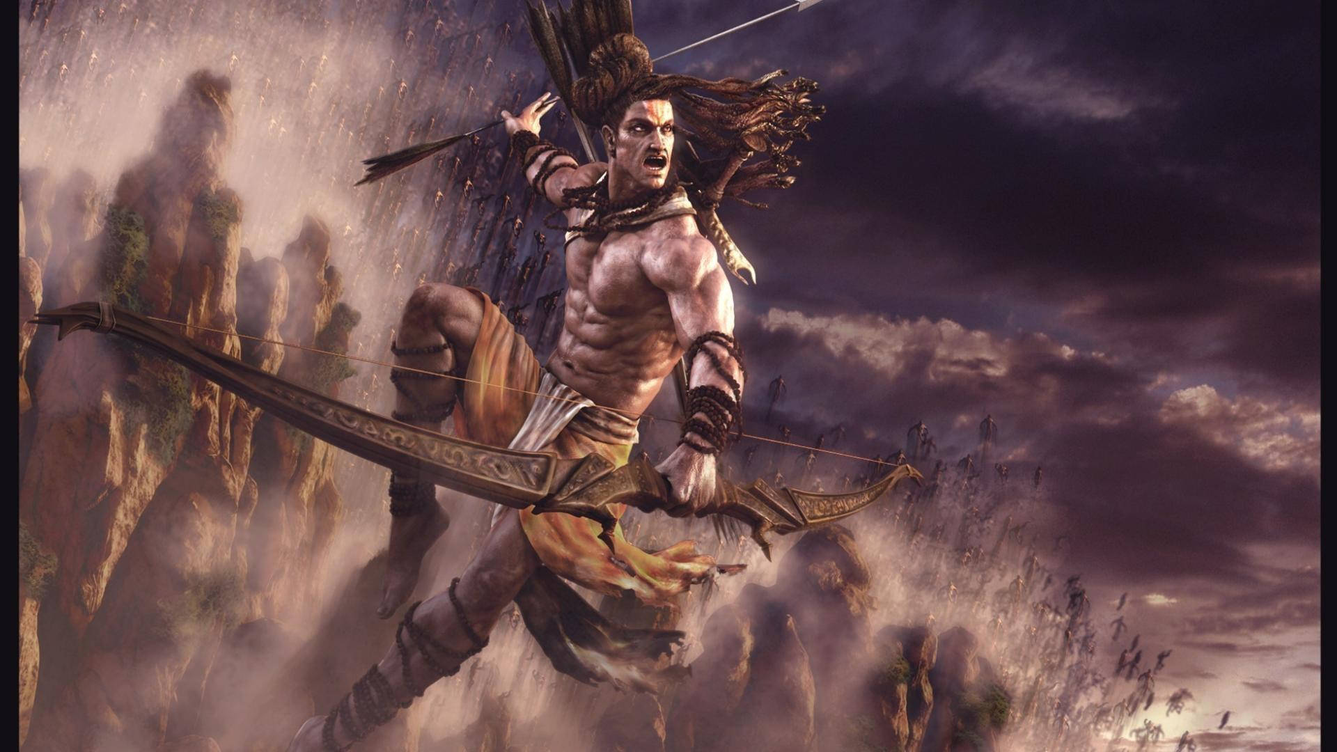 Angry Shiva, bow and arrow, stormy skies, Full HD Desktop Wallpaper