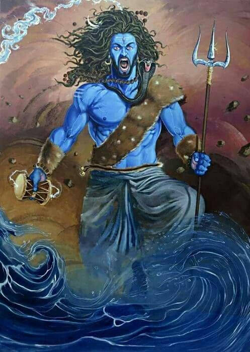 Angry Shiva, blue-skinned deity, trident, SD Phone Wallpaper