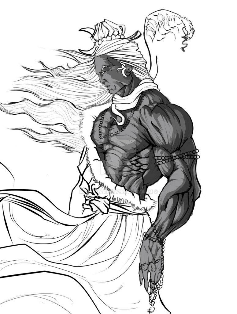 Angry Shiva, black and white line art, muscular warrior, SD Phone Wallpaper
