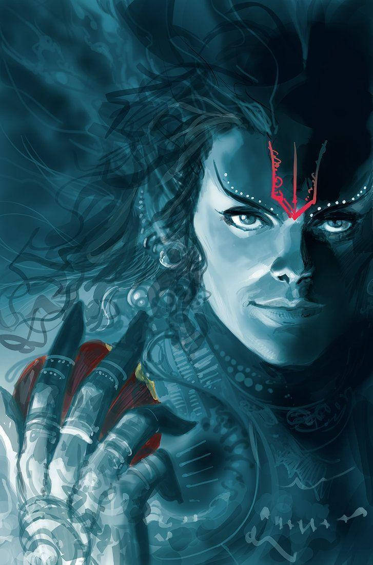 Angry Shiva, red apple, mystical blue-skinned deity, SD Phone Wallpaper