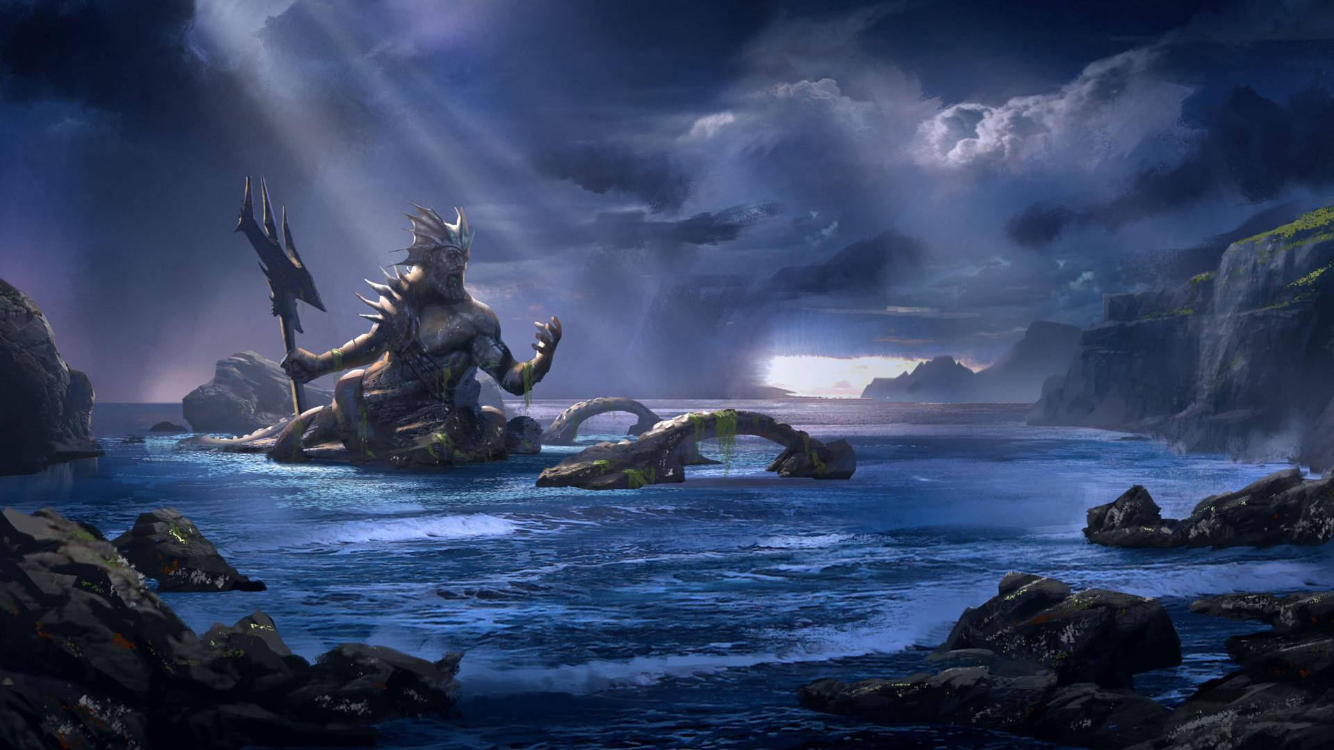 Angry Shiva, Dark Ocean, trident, Full HD Desktop Wallpaper