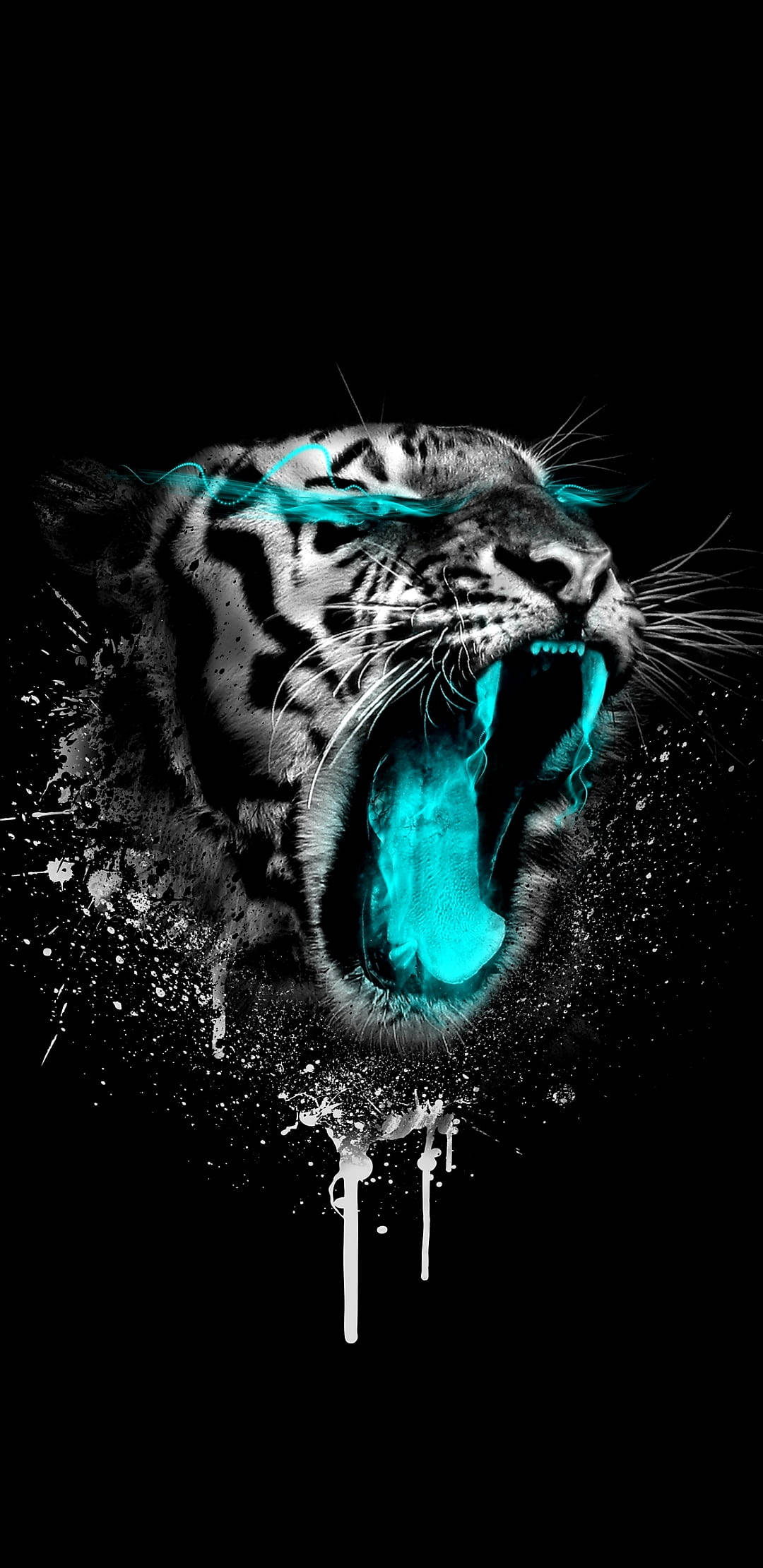 Neon Blue Angry Tiger, glowing cyan accents, paint splatters, Full HD Phone Wallpaper