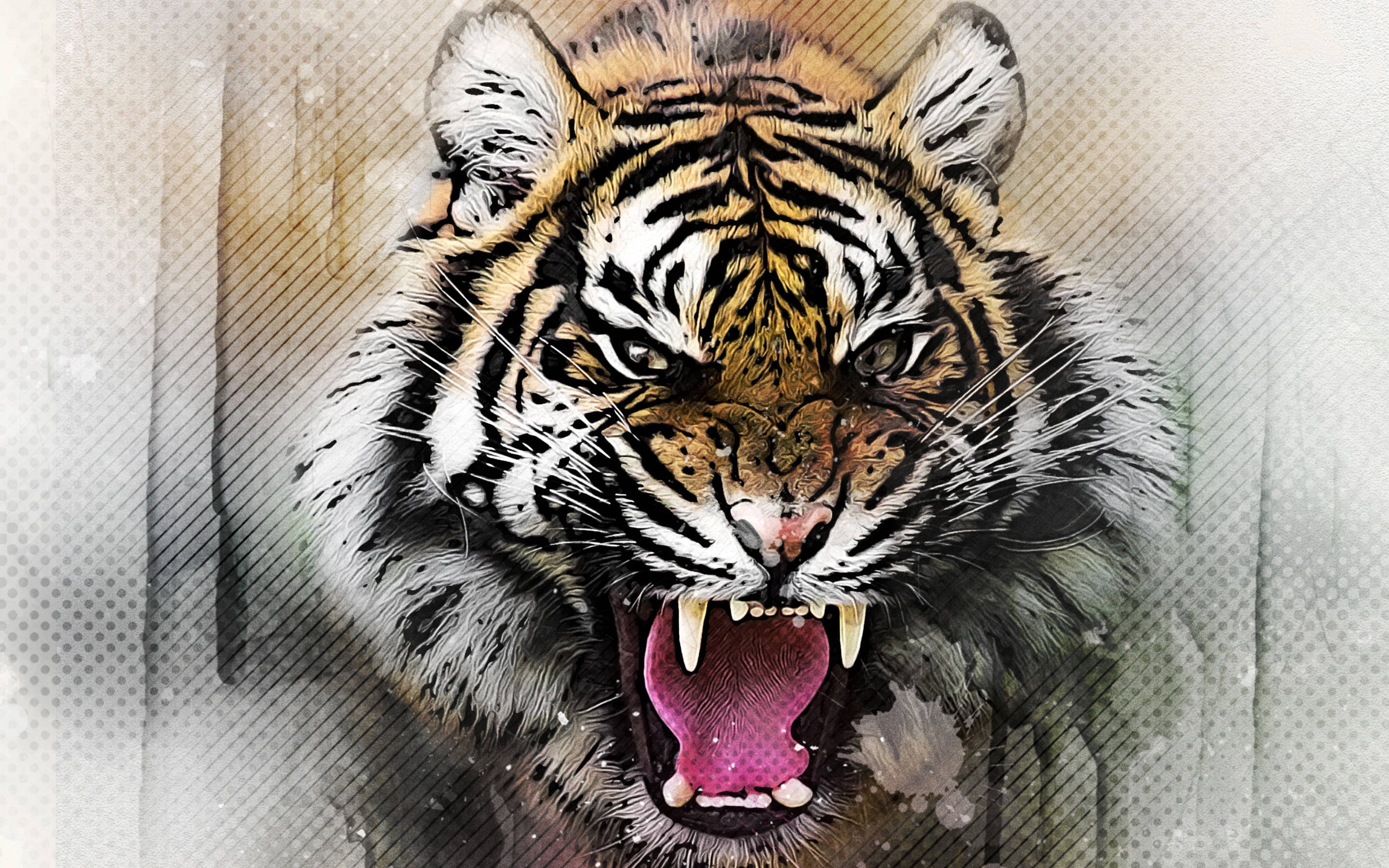 Angry Tiger, watercolor, textured abstract background, 2K Desktop Wallpaper