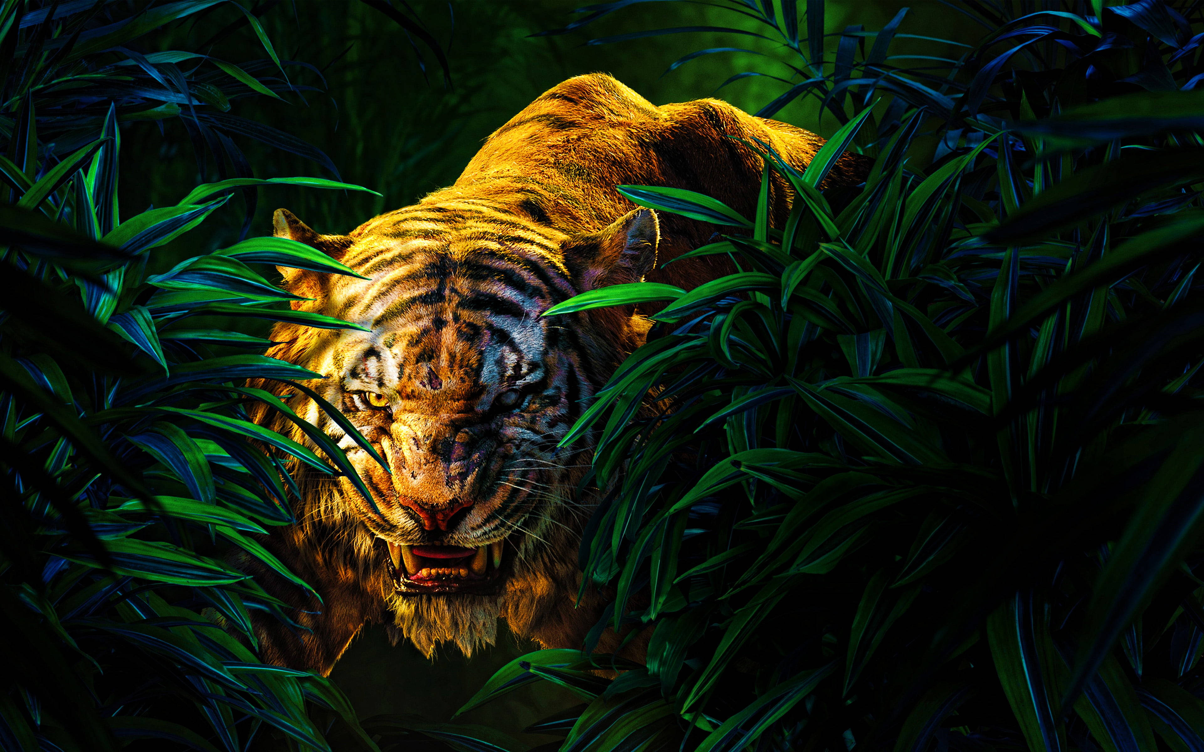Angry Tiger, jungle foliage, dramatic lighting, 4K Desktop Wallpaper