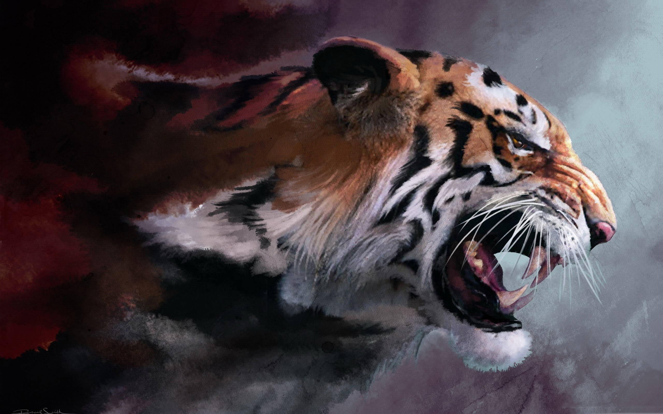 Angry Tiger, side view, smoky red and gray backdrop, 2K Desktop Wallpaper