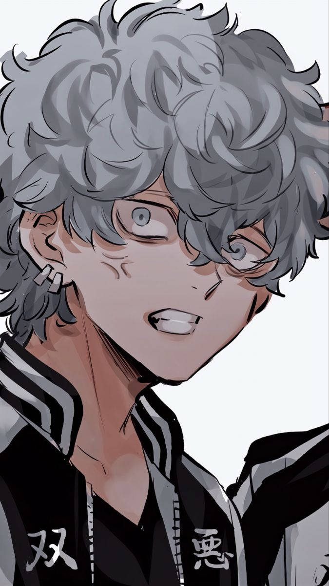 Angry Tokyo Revengers, messy gray hair, intense eyes, SD Phone Wallpaper